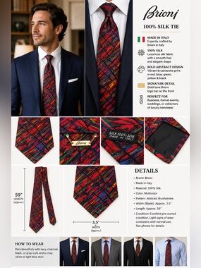 Brioni 100% Silk Abstract Multicolor Designer Tie Made in Italy 3.75" Wide